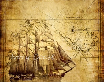 Sepia Ship Map Vintage Illustration.  Digital Download.  Nautical, Boat, Sailing, Ocean, Sea, Seaside, Brown, gold, water, sailing, #14/PAM