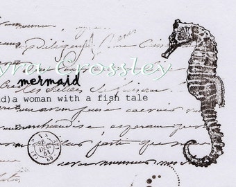 Mermaid Dictionary Seahorse Illustration. Digital, Download, White, Marine, script, postcard, instant, transfer, beach, seaside, 312/ICS