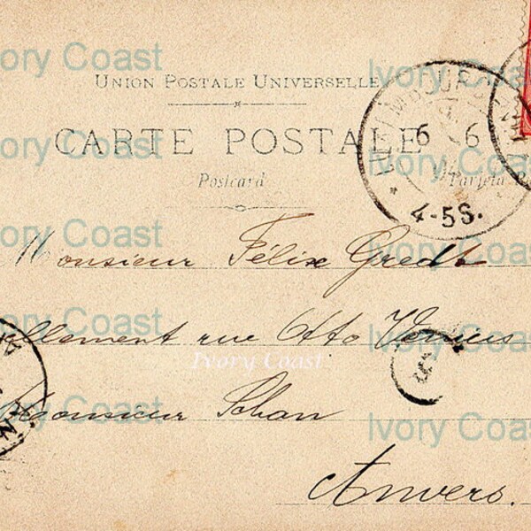 Carte Postale Red Stamp Vintage Postcard Ephemera. Digital, Download, instant, image, transfer, script, handwriting, mail, letter,13/ps/ejul