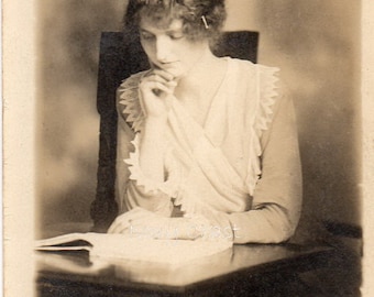 Woman at desk reading vintage photo. Digital, Download, postcard, ephemera, sepia, lady, instant, transfer, Victorian, book, read,13/ps/eau