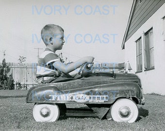 Fire Chief Vintage Boy Photo. Digital Download, Ephemera, Child, fun, play, car, toy, retro, image, mid century, transfer, red,#15/P2/EAP