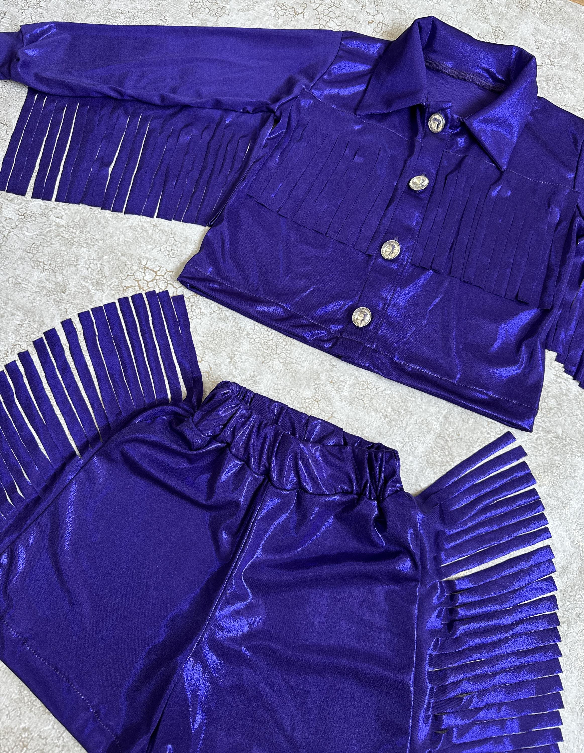 Deep Royal Purple Fringe Cowgirl Costume Set - Sparkly Western Jacket and Skirt/Shorts Outfit for Kids