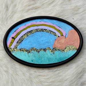 Surreal Rainbow Painting Brooch: Black Plastic Vintage Boho Pin