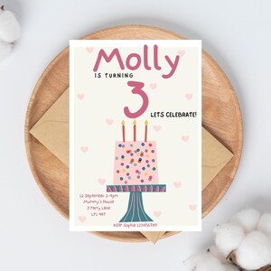 Watercolour Birthday Card Invitation Template || Pink, Beige, Cute Birthday Cake || Digital Print & Easily Modifiable || 5" x 7"