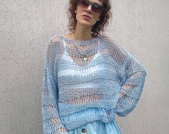 Oversized katoenen mesh-trui voor dames, handgemaakte cropped pure trui, losse zomertrui, grof gebreide trui, boho-trui