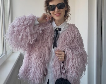 Multicolored Shaggy Jacket With Long Sleeves. Hand Knitted Bomber