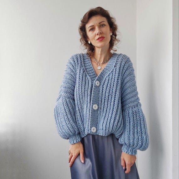 Chunky Knit Cardigan Pale Blue Sweater Ladies Handmade Chunky Knit