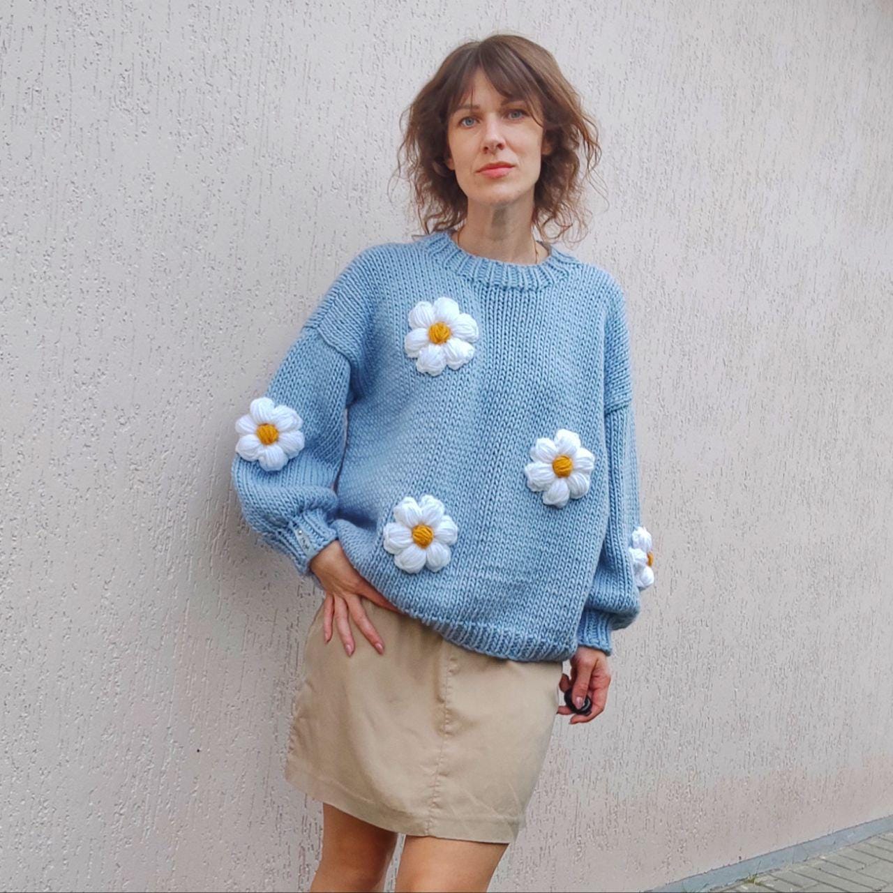 3D Flowers Sweater, Chamomile Sweater, Handmade Oversize Sweater