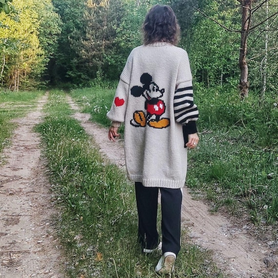 Handmade Long Cardigan with pockets, oversized cardigan with embroidery Mouse for women, printed long coat, Cozy Merino Wool sweater