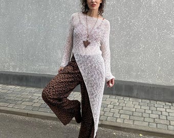 Handmade Asymmetrical cotton linen top, knitted sheer asymmetrical hem sweater, mesh cotton linen tunic, long sweater tunic, sheer dress