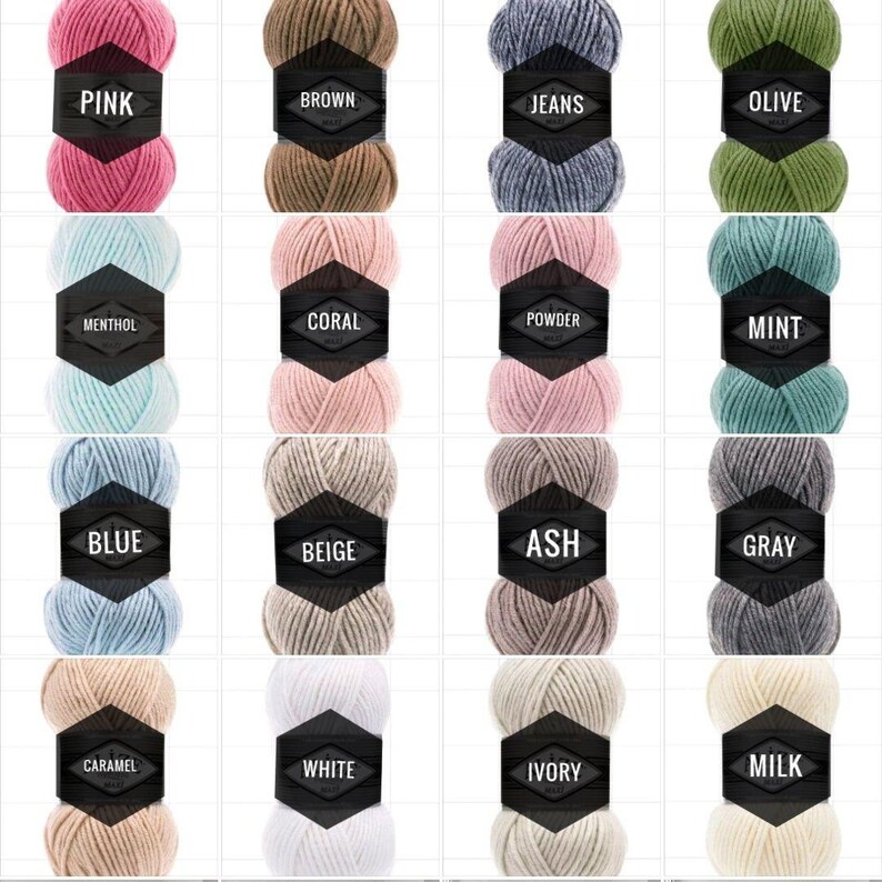 May include: A collection of 16 yarn skeins in various colors, including pink, brown, blue, beige, ash, gray, caramel, white, ivory, and milk. Each skein has a label with the color name.