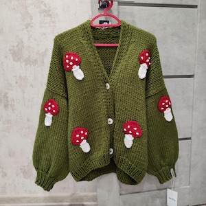 Green Mushroom cardigan, oversized cardigan, chunky knit cardigan, handmade cardigan