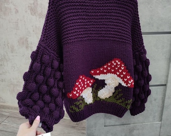 Purple Mushroom cardigan, Bubble sleeve cardigan, embroidered cardigan, handmade oversized cardigan