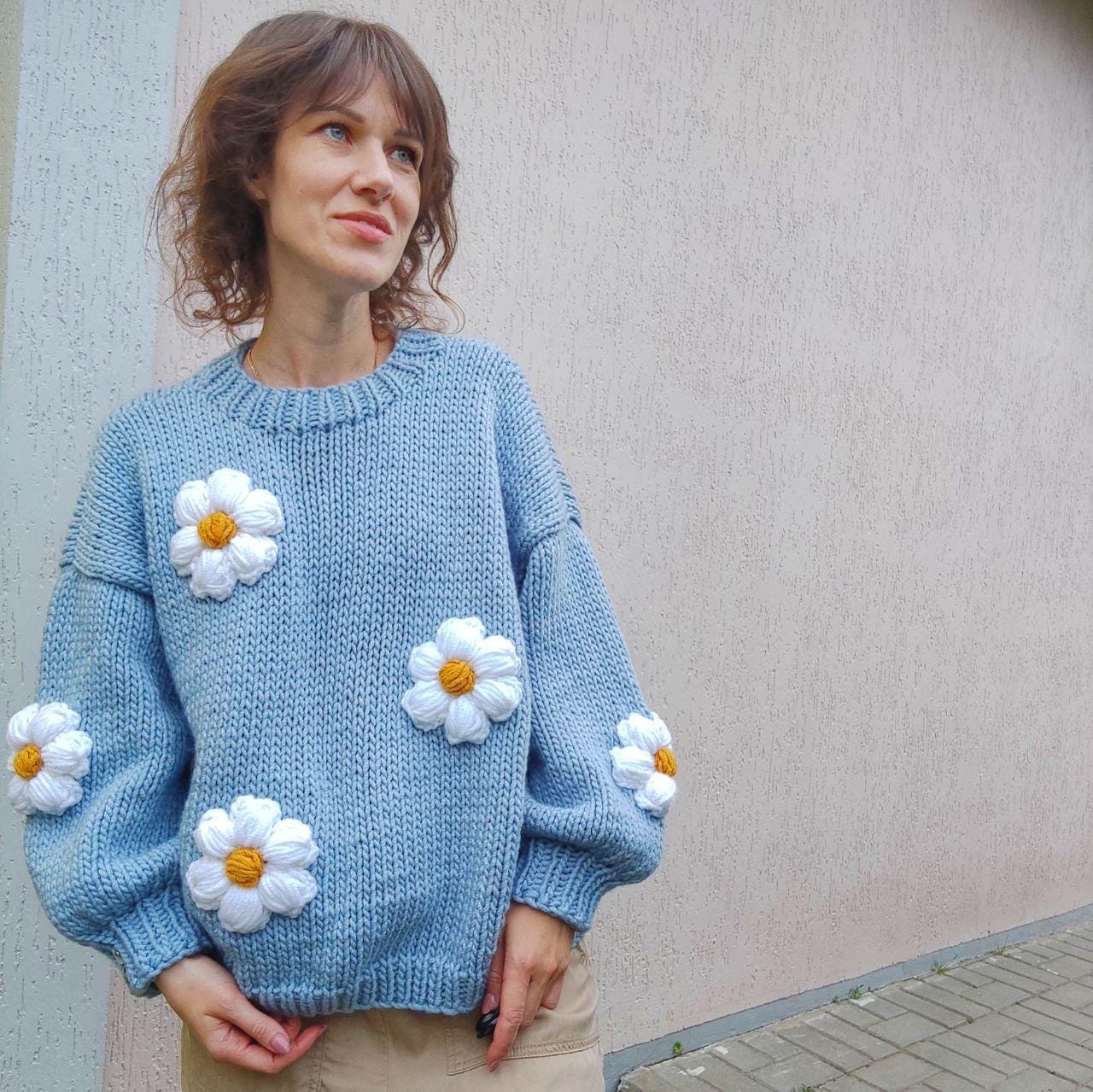 3D Flowers Sweater, Chamomile Sweater, Handmade Oversize Sweater 
