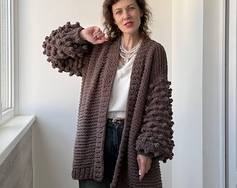 Plush Cardigan with Bubble Sleeves, Oversized Soft Cardigan, handmade chunky knit sweater for women