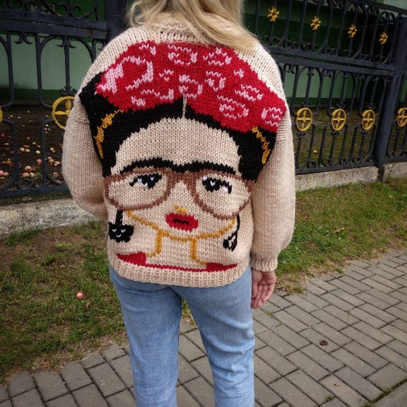 Frida Kahlo embroidered cardigan, oversized cardigan, handmade cardigan for woman, chunky knit cardigan