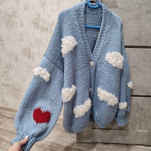 Cloud cardigan, handmade oversized women cardigan, blue cardigan with fluffy clouds, chunky knit cardigan