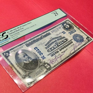 5 Dollar Geldschein. USA Währung. Serie von 1902 Jahr. Bund #600. Very Fine 25. Seriennummer 10253D. Teller 465. Charta #3613. PCGS BEWERTET.