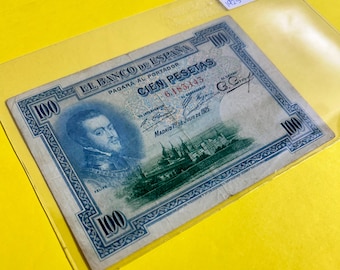 100 PESETAS. 1 July 1925. Serial# 6,183,143. Felipe I I. El Banco De Espana. V F. NO GRADED.