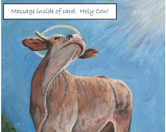Holy cow card, hand made from a print of original artwork containing a pun.