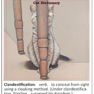 May include: A tabby cat hides behind a wooden chair leg, peeking out from behind the leg. The cat is sitting on a light brown floor. The image is titled "Cat Dictionary" and includes the definition of the word "Clandestification".