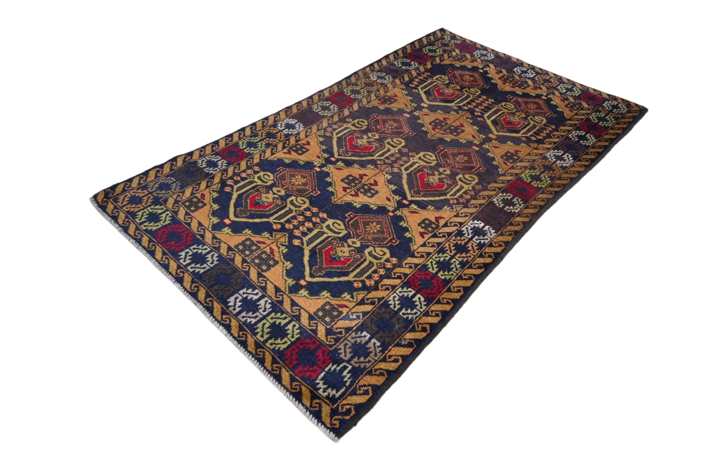 4x6 Gold Blue Baluch Area Rug - Classic Baluch Afghan Tribal Hand