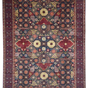 10x14 Blue Mamluk Area Rug - Blue Red Turkish Hand Knotted Oversize Rug - Bedroom Rug - Rugs for Living Room - Veg Dye Wool Area Rug