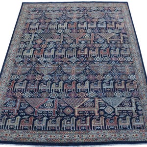 Alfombra oriental azul oscuro de 8 x 10 pulgadas - Alfombra afgana de lana teñida con tintes vegetales anudada a mano - Alfombra para dormitorio - Alfombra para sala de estar - Alfombra con animales - Alfombra tribal