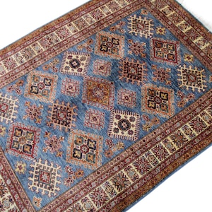 5x6 Blue Kazak Area Rug - Afghan Hand Knotted Veg Dye Wool Tribal Kazak Area Rug - Rugs for Living Room - Bedroom Rug - Tribal Rug