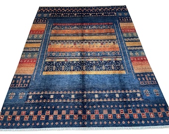 Alfombra Gabbeh azul de 9 x 12 pulgadas - Alfombra afgana anudada a mano de lana teñida con vegetales - Alfombras para sala de estar - Alfombra para dormitorio - Alfombra floral