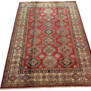 6x8 Ft Kazak Tribal Area Rug - Red Afghan Hand Knotted Veg Dye Wool Tribal Area Rug - Rugs for Living Room - Bedroom Rug