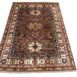 5x7 Brown Floral Persian Area Rug - Brown Blue Afghan Hand Knotted Veg Dye Wool Area Rug - Bedroom Rug - Rugs for Living Room - Oriental Rug