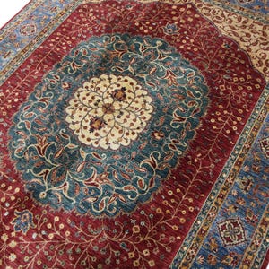 Alfombra Heriz de 7 x 10 en color rojo y azul - Alfombra Heriz de lana teñida con vegetales anudada a mano en rojo y verde persa - Alfombras para sala de estar - Alfombra para dormitorio