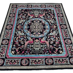 Alfombra oriental azul oscuro de 2,4 x 3 m - Alfombra afgana anudada a mano con teñido vegetal - Alfombra para sala de estar - Alfombra para dormitorio - Alfombra con medallones - Alfombra floral