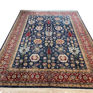 Alfombra Serapi de color rojo y azul de 9 x 12 pulgadas - Alfombra afgana de lana teñida a mano con diseño floral oriental - Alfombras para sala de estar - Alfombra para dormitorio - 8&#39;11 x 11&#39;11