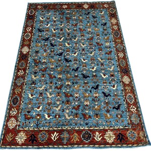 6x9 Blue Oriental Area Rug - Afghan Hand Knotted Veg Dye Wool Area Rug - Bedroom Rug - Rug for Living Room - Bird Rug - Afghan Floral Rug