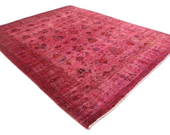 Alfombra afgana teñida en rosa bebé de 8 x 10 pulgadas: alfombra floral de lana anudada a mano
