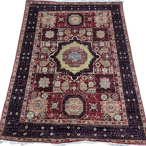 Alfombra Mameluca Roja de 1,27 x 1,81 m - Alfombra Afgana de Lana Teñida a Mano con Teñidos Vegetales - Alfombra para Dormitorio - Alfombra para Sala de Estar - Alfombra Medallón - Alfombra Oriental