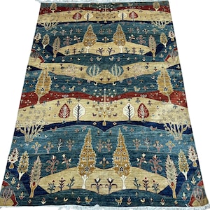 6x9 Landscape Tree Animal Blue Area Rug - Afghan Hand Knotted Veg Dye Wool Area Rug - Bedroom Rug - Rug for Living Room - Afghan Floral Rug