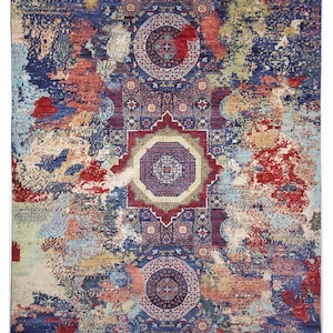 10x14 Blue Mamluk Area Rug - Modern Turkish Medallion Contemporary Hand Knotted Veg Dyes Wool Area Rug - Bedroom Rug - Rugs for Living Room