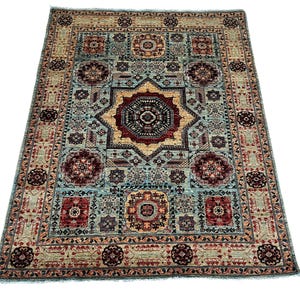 5x7 Ft Blue Mamluk Area Rug - Afghan Hand Knotted Veg Dyes Wool Area Rug - Bedroom Rug - Rugs for Living Room - Turkish Medallion Rug