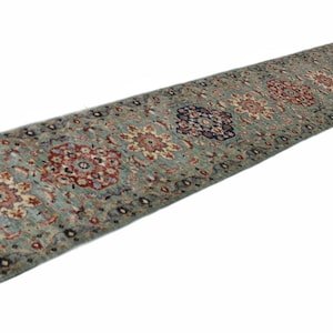 21 Ft Greenish Blue Persian Runner Rug - Floral Afghan Hand Knotted Veg Dye Wool Runner Rug - Long Entryway Runner Rug - Long Hallway Runner