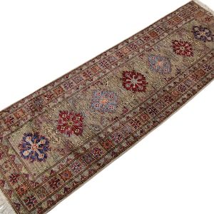6 Ft Beige Kazak Runner Rug - Afghan Hand Knotted Veg Dye Wool Tribal Kazak Runner Rug - Hallway Runner Rug - Kitchen Runner Rug