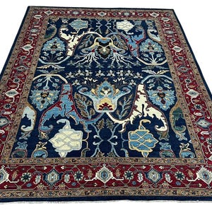 9x12 Ft Blue Serapi Oriental Area Rug - Afghan Hand Knotted Veg Dye Floral Area Rug - Rug for Living Room - Bedroom Rug - Oriental Rug