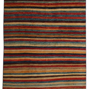 May include: A colorful striped rug with a variety of colors, including red, blue, yellow, and brown. The rug has a traditional design and is made of wool.