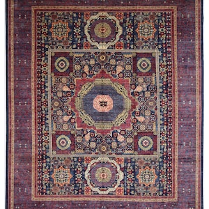 12x15 Red Blue Mamluk Area Rug - Turkish Hand Knotted Medallion Rug - Bedroom Rug - Oversize Rug - Rugs for Living Room - Red Blue Beige