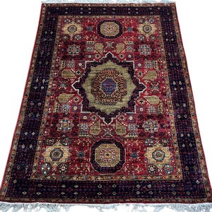 Alfombra Mameluca Roja de 1,27 x 1,81 m - Alfombra Afgana de Lana Teñida a Mano con Teñidos Vegetales - Alfombra para Dormitorio - Alfombra para Sala de Estar - Alfombra Medallón - Alfombra Oriental