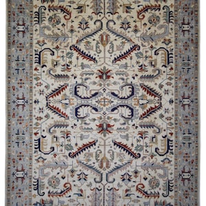 Alfombra persa beige de 10 x 14 pulgadas - Alfombra de lana anudada a mano estilo persa beige y azul - Alfombra para dormitorio - Alfombras para sala de estar - Alfombra de estilo oriental