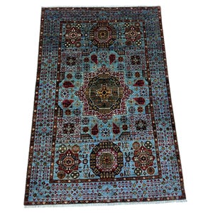 3x6 Ft Blue Mamluk Area Rug - Afghan Hand Knotted Veg Dye Wool Medallion Rug - Small Accent Rug - Door Rug - Bathroom Rug - Area Rug