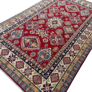 6x9 Red Kazak Area Rug - Red Beige Blue Kazak Afghan Hand Knotted Veg Dyes Wool Area Rug - Bedroom Rug - Rugs for Living Room - Tribal Rug